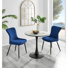 Elina White Marble Effect Round Dining Table & 2 Nora Black Leg Chairs