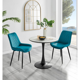 Elina White Marble Effect Round Dining Table & 2 Pesaro Black Leg Chairs