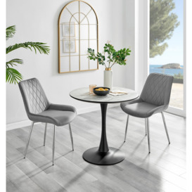 Elina White Marble Effect Round Dining Table & 2 Pesaro Silver Chairs