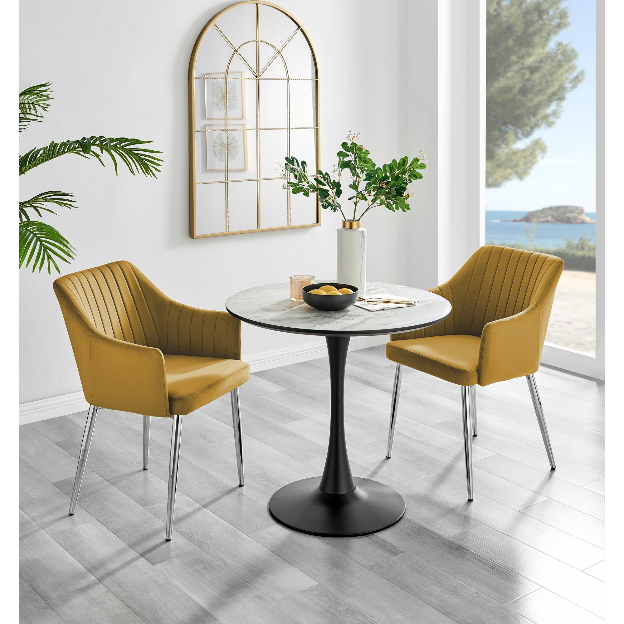Elina White Marble Effect Round Dining Table & 2 Calla Silver Leg Chairs