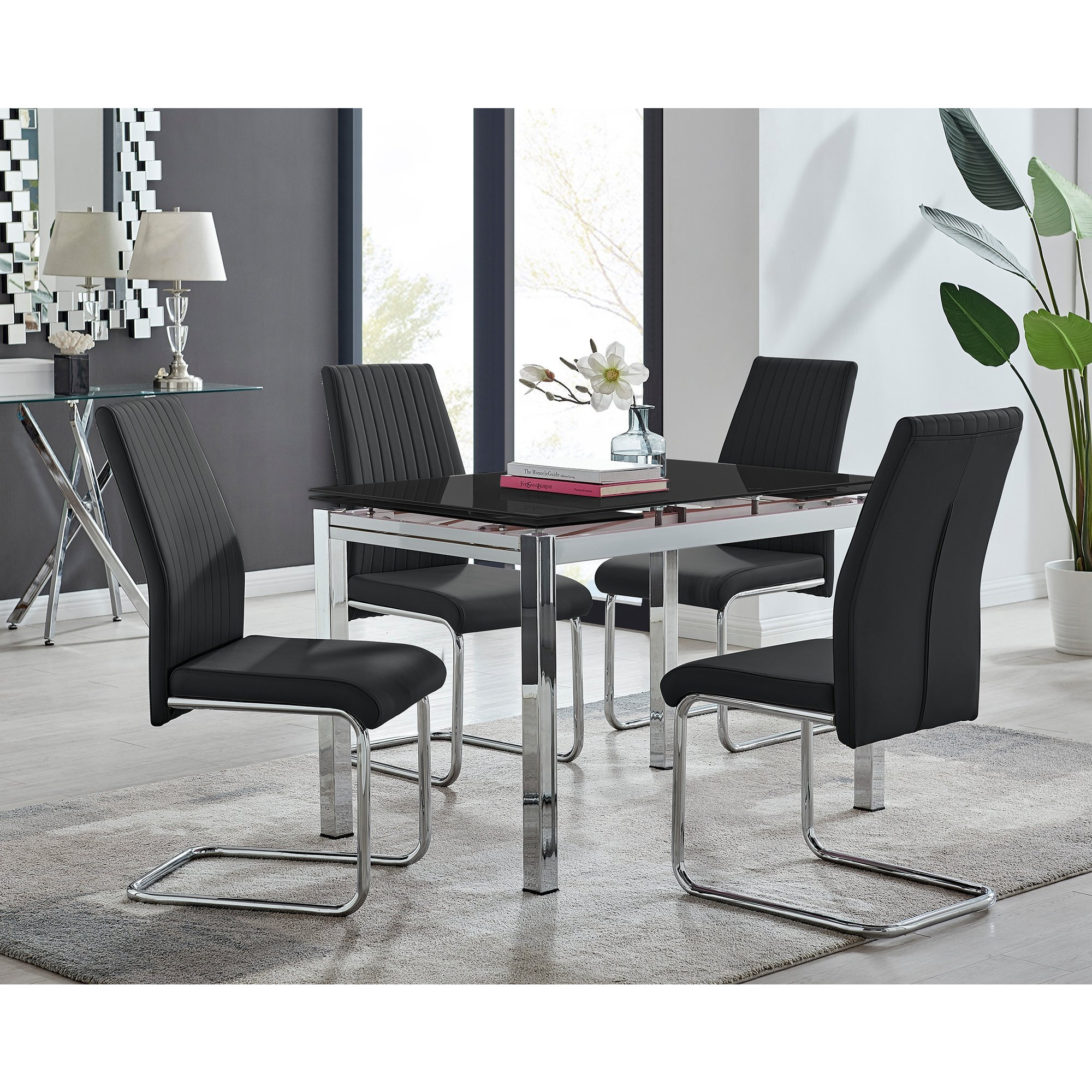 Enna Black Glass Extending Dining Table and 4 Lorenzo Chairs