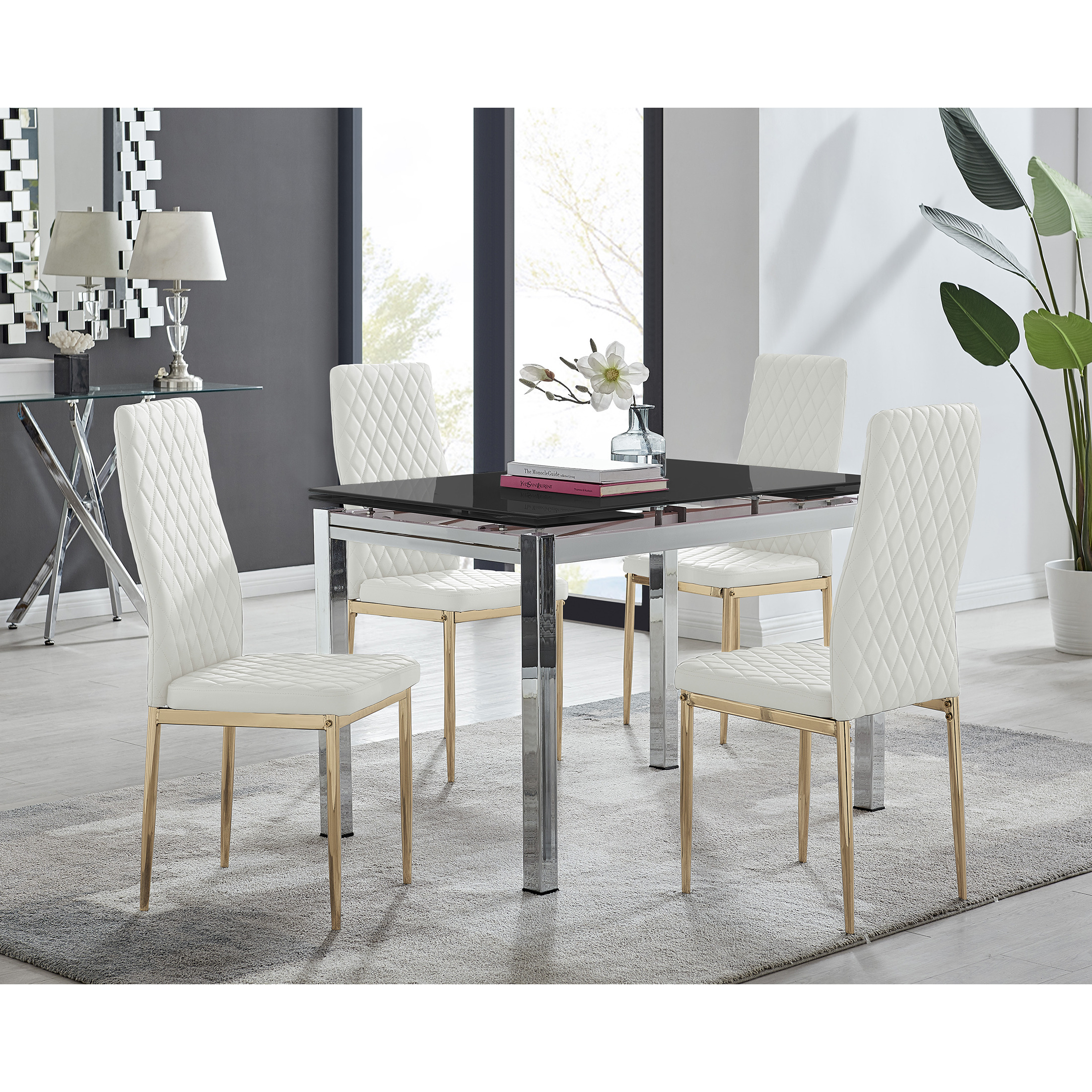 Enna Black Glass Extending Dining Table and 6 Gold Leg Milan Chairs - Furniturebox