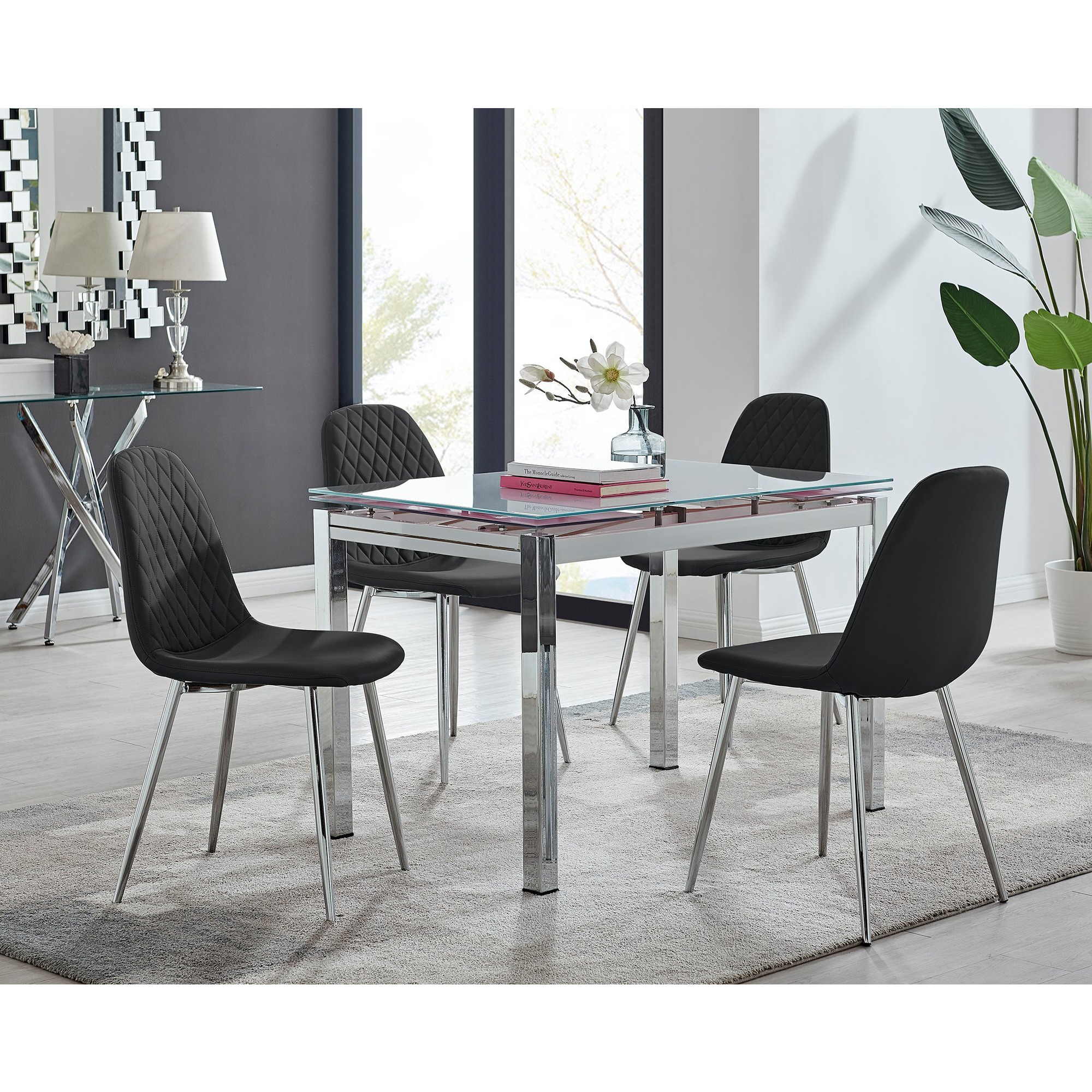 Enna White Glass Extending Dining Table and 4 Corona Silver Leg Chairs