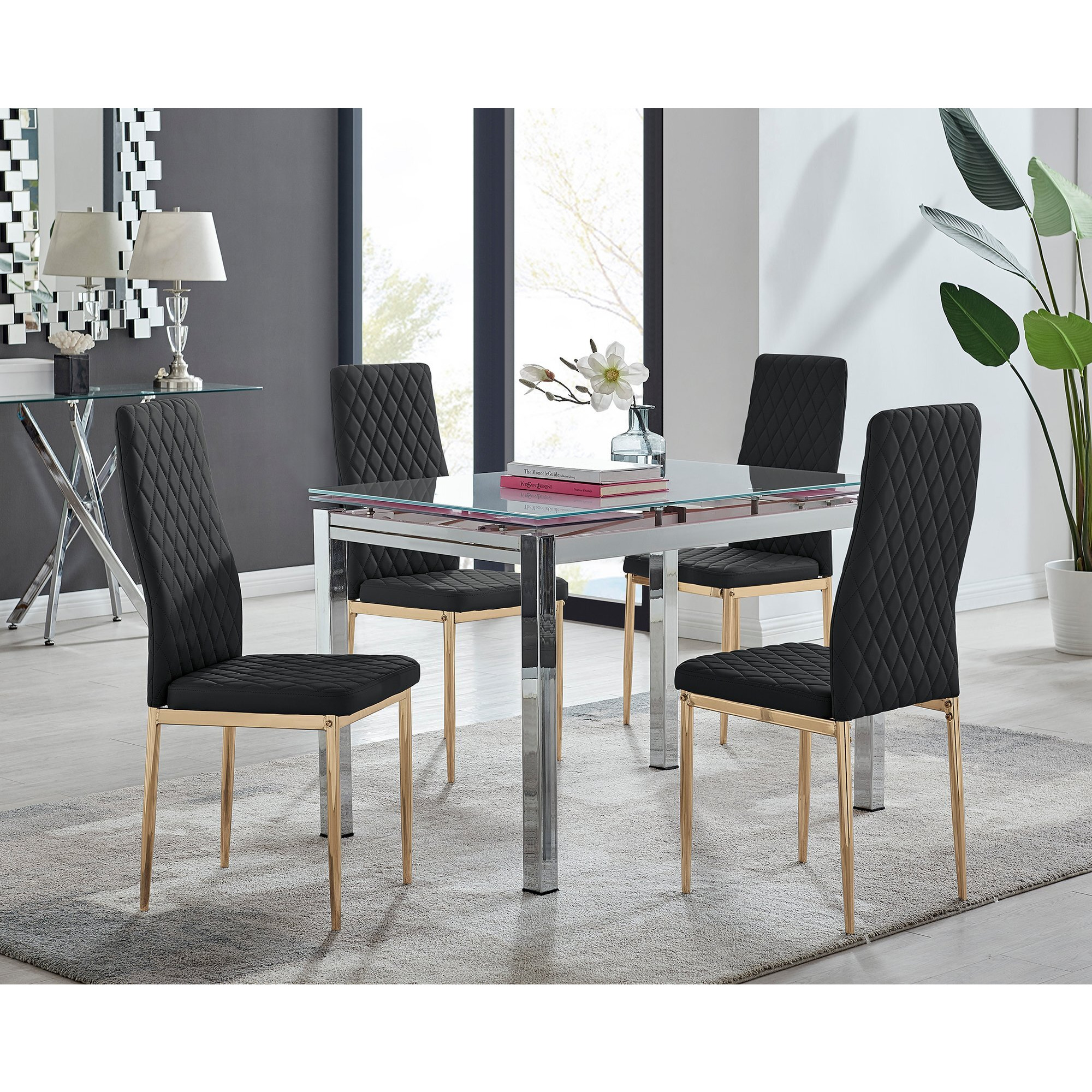 Enna White Glass Extending Dining Table and 4 Gold Leg Milan Chairs