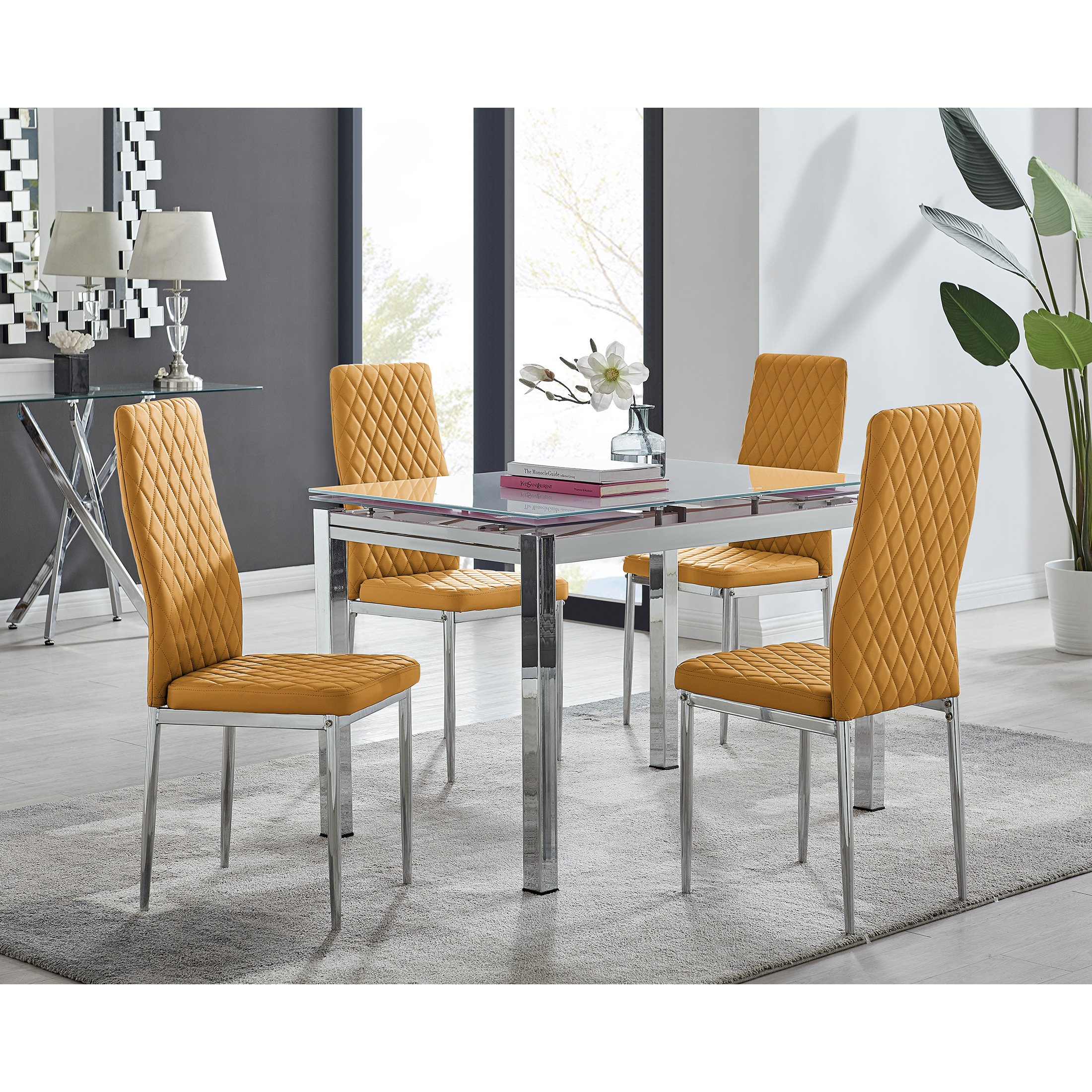 Enna White Glass Extending Dining Table and 4 Milan Chairs