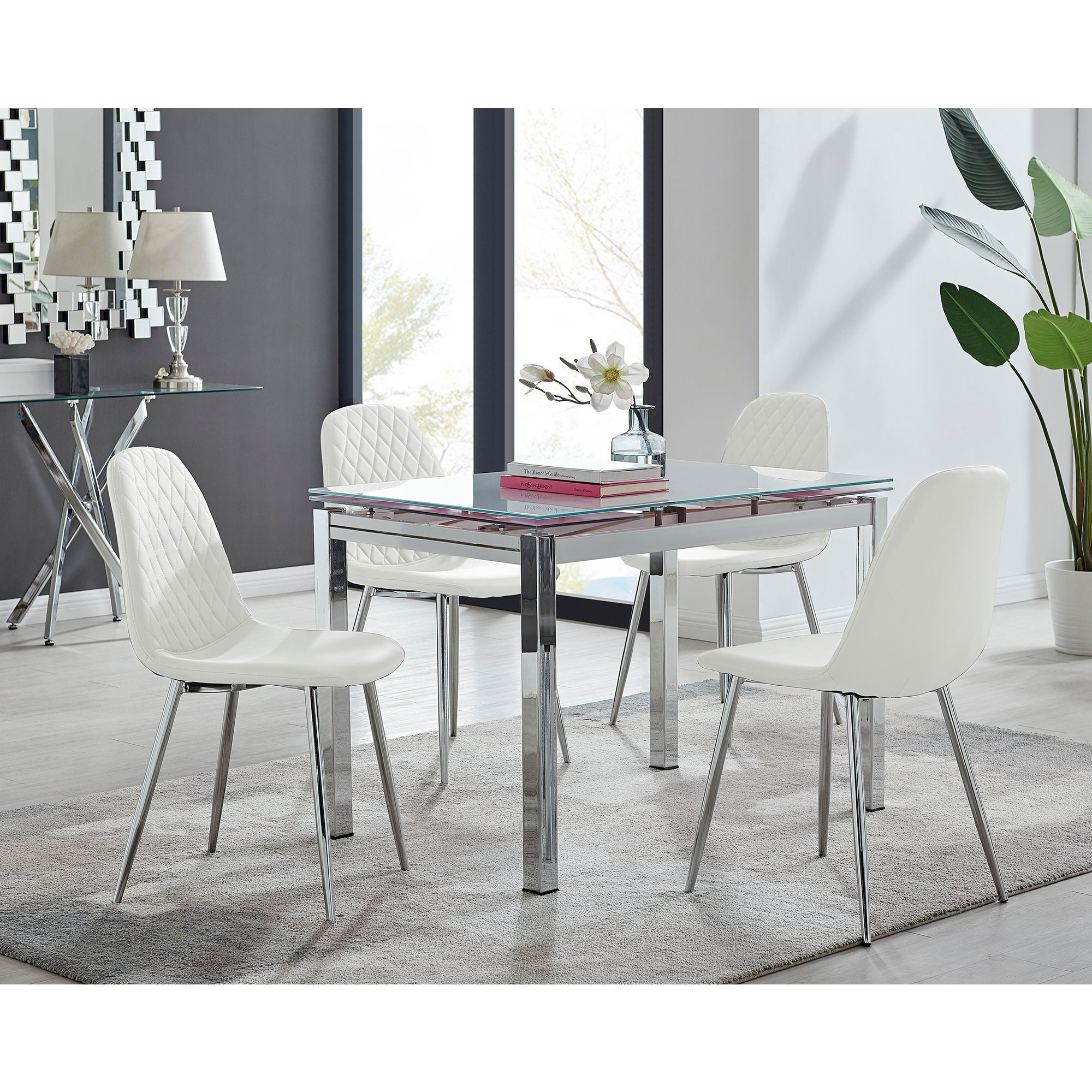 Enna White Glass Extending Dining Table and 4 Corona Silver Leg Chairs