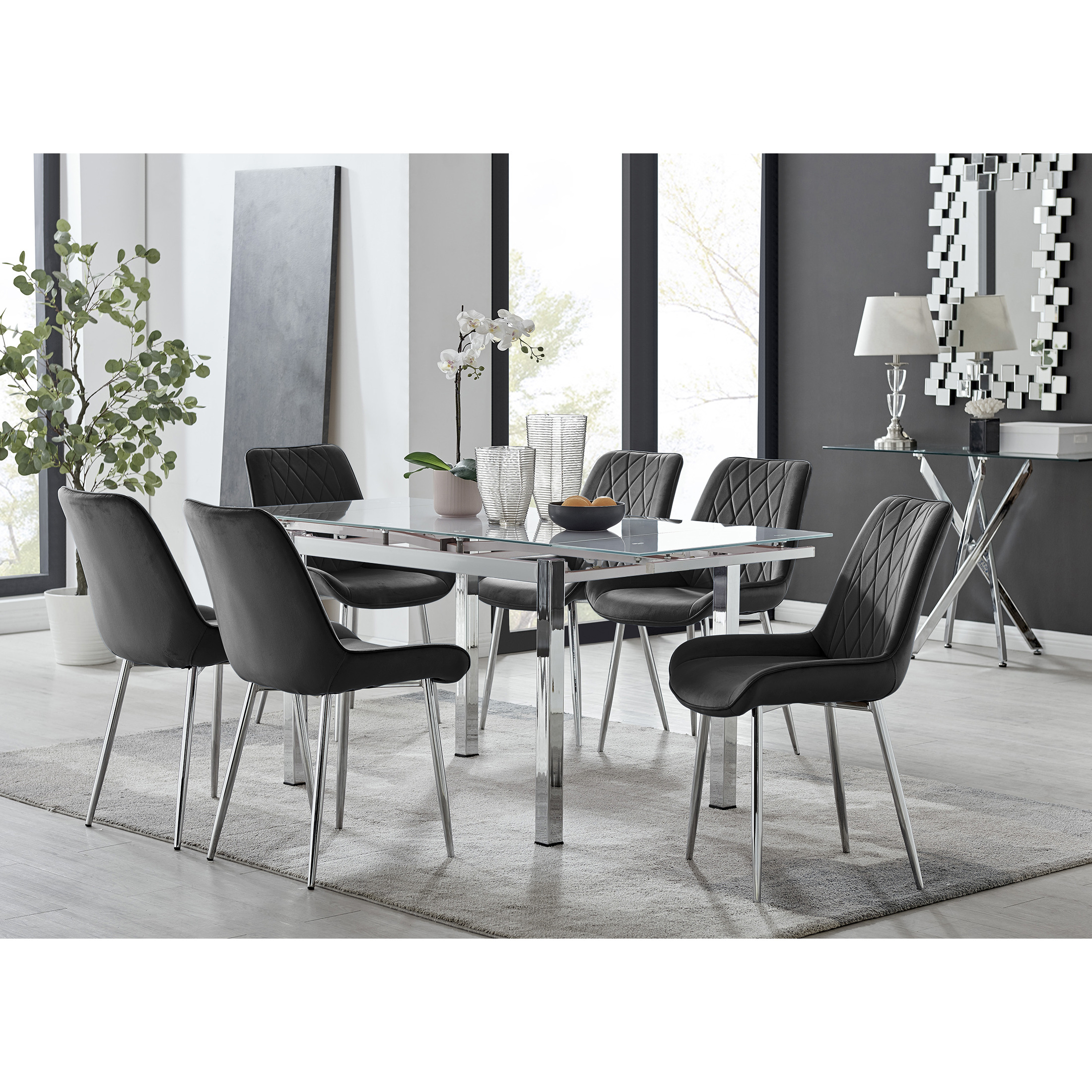 Enna White Glass Extending Dining Table and 6 Pesaro Silver Leg Chairs - Furniturebox