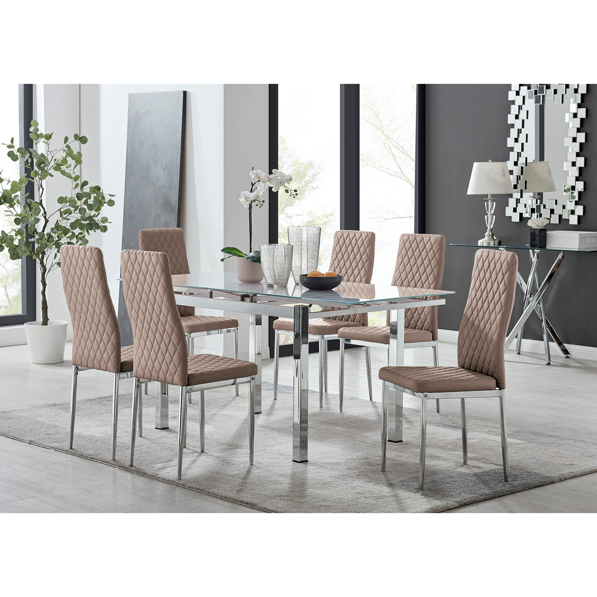 Enna White Glass Extending Dining Table and 6 Milan Chairs