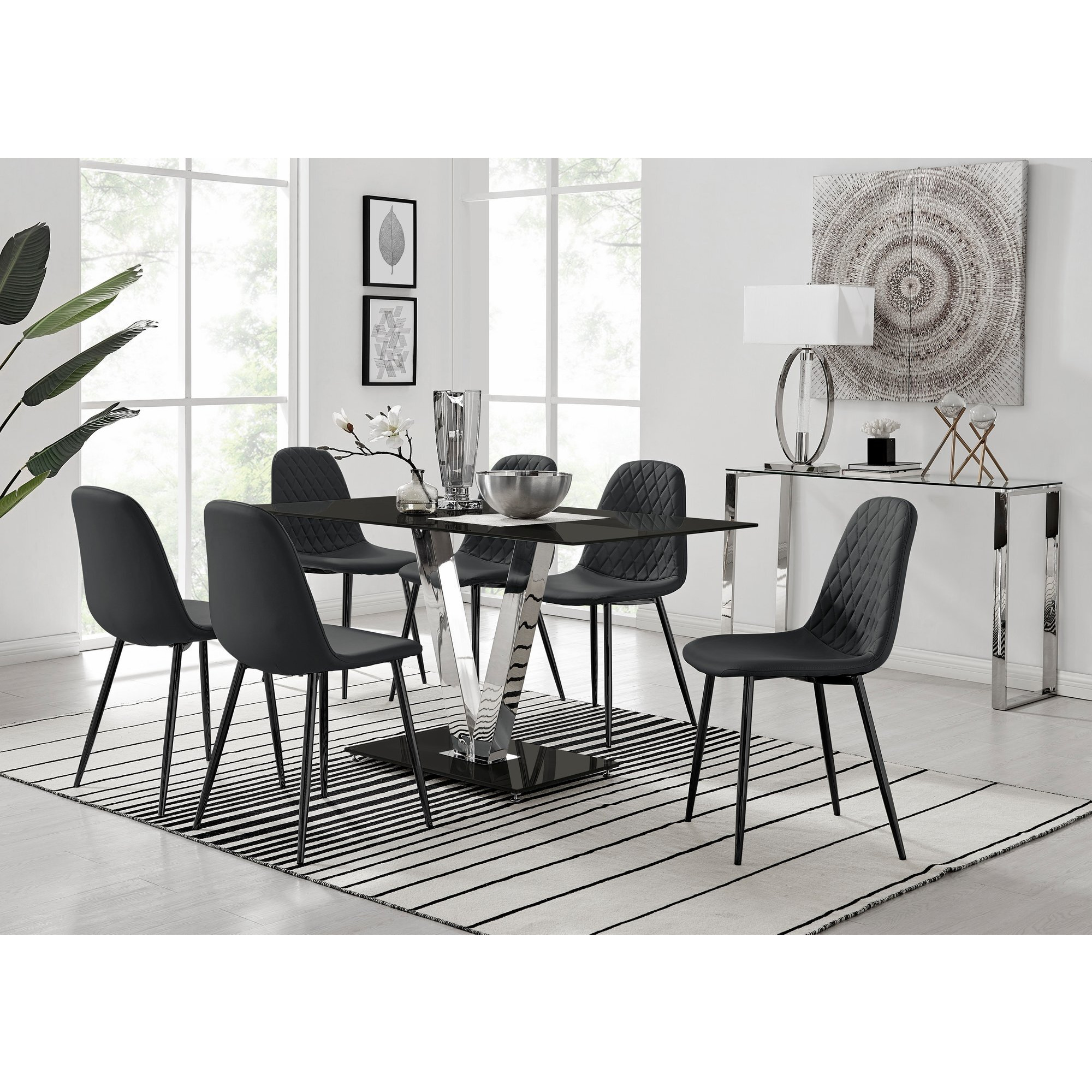 Florini V Black Dining Table and 6 Corona Black Leg Chairs