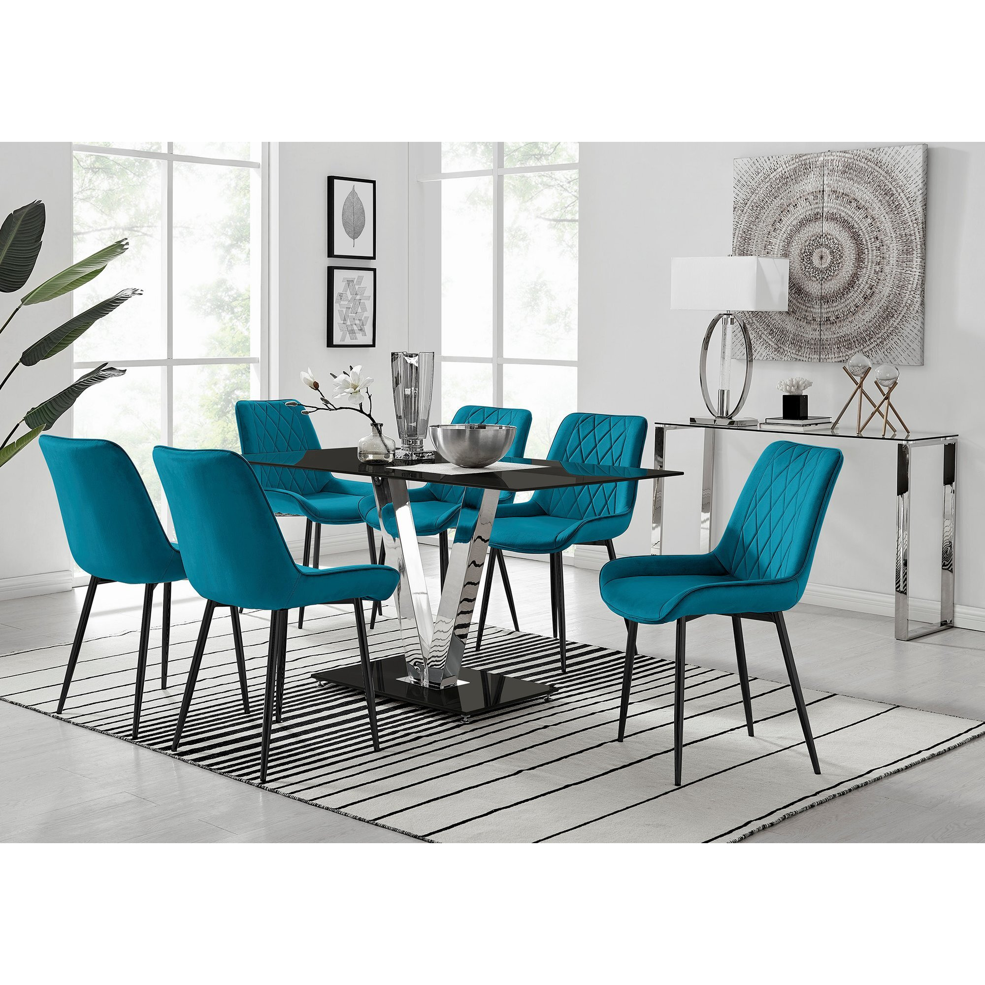 Florini V Black Dining Table and 6 Pesaro Black Leg Chairs