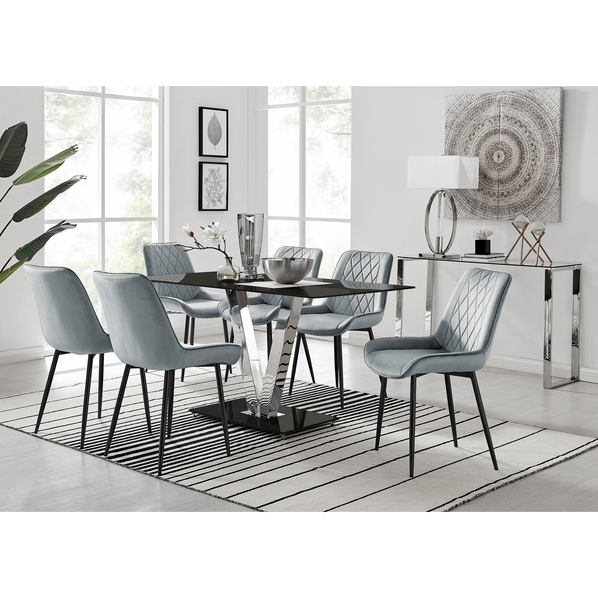 Florini V Black Dining Table and 6 Pesaro Black Leg Chairs