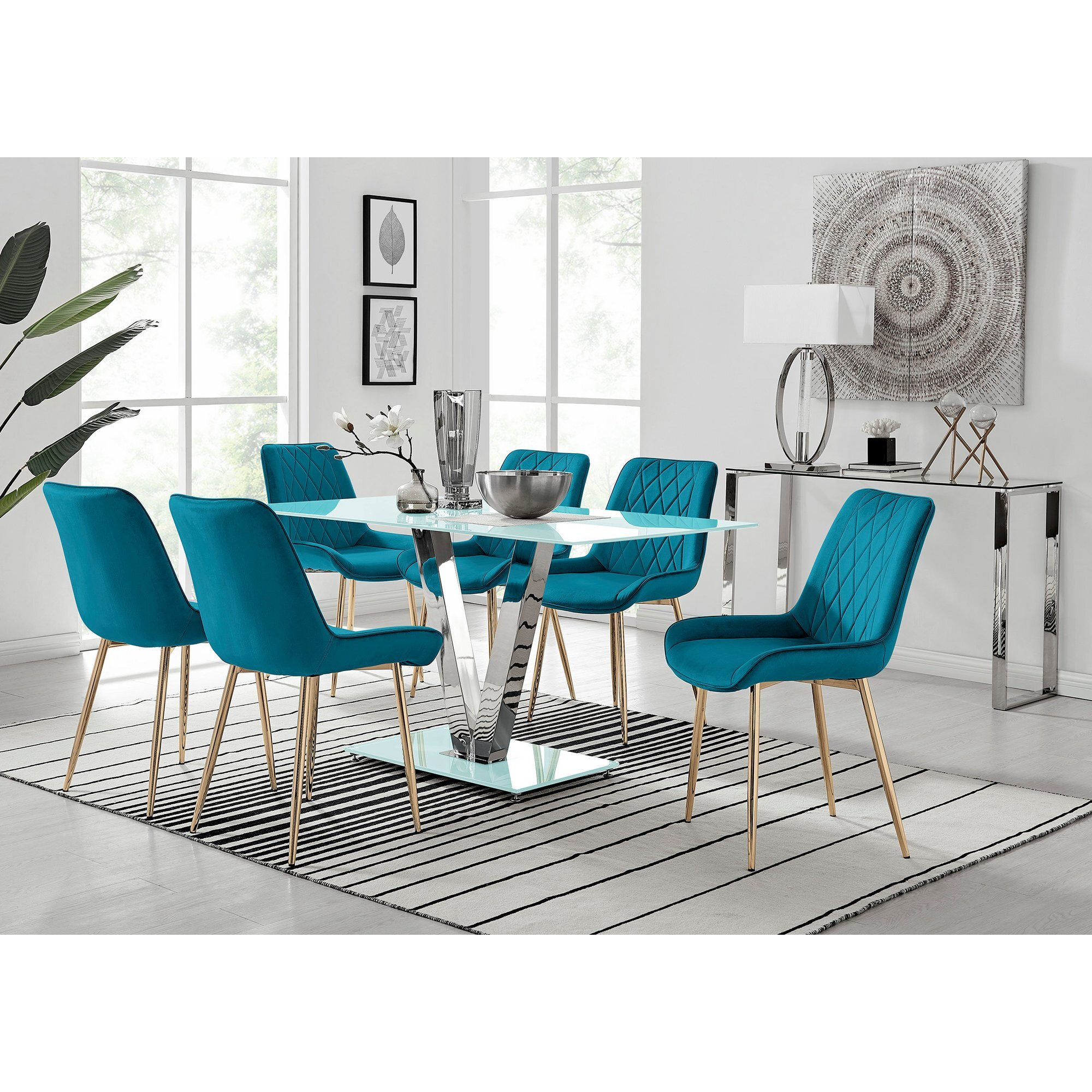 Florini V White Dining Table and 6 Pesaro Gold Leg Chairs