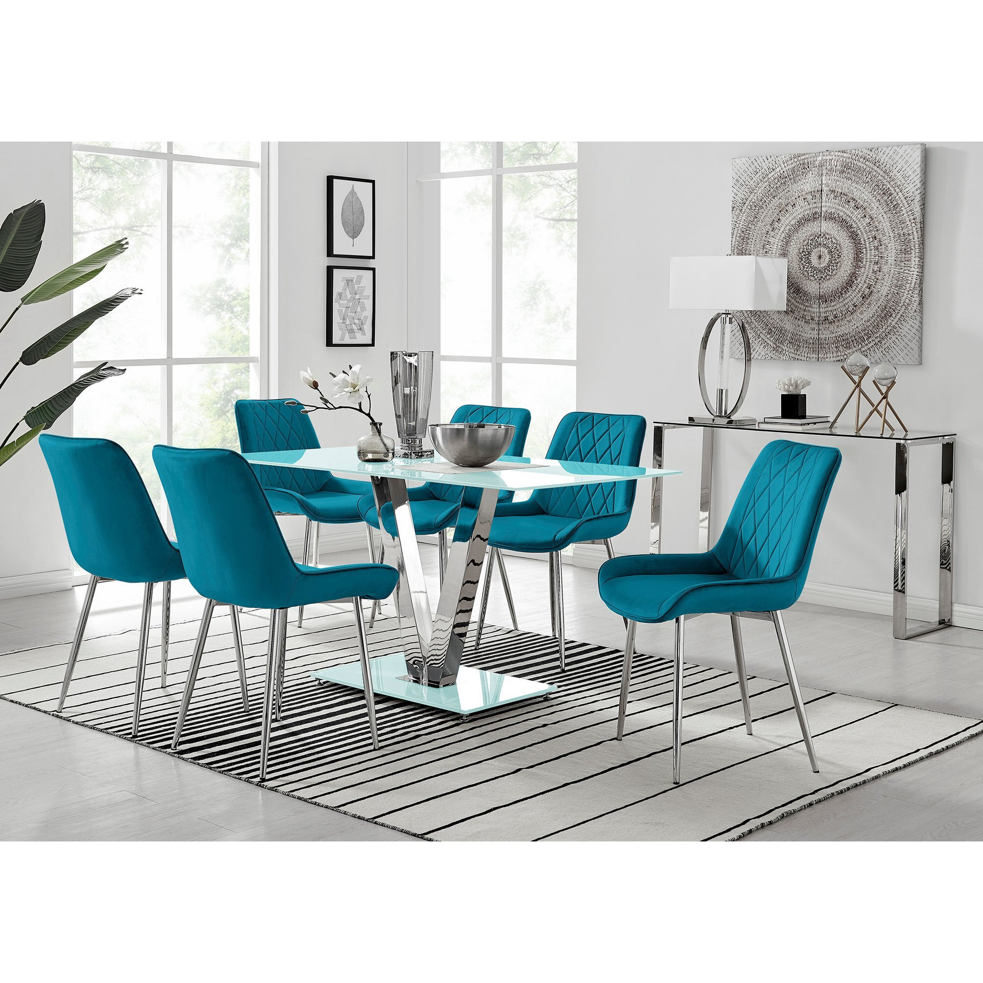 Florini V White Dining Table and 6 Pesaro Silver Leg Chairs