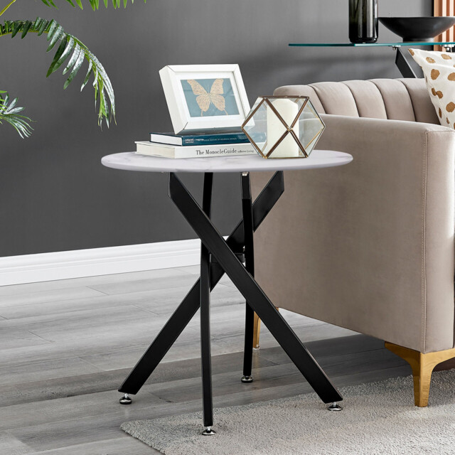 Novara Round White Marble Glass and Black Side Table - image 1