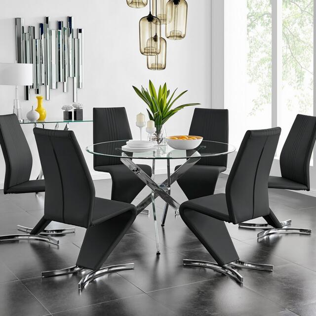 Novara Chrome Metal And Glass Large 120cm Round Dining Table And 6 Willow Chairs Set - image 1