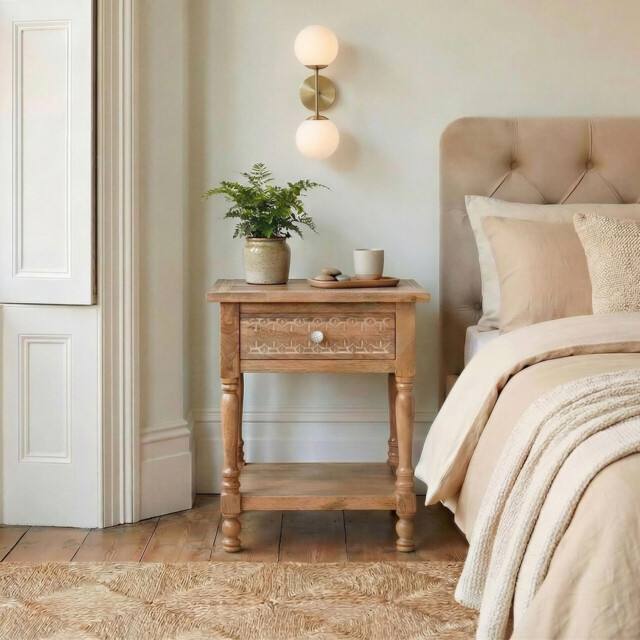 Lima 1 Drawer White Oak Wood Carved Bedside Table - image 1