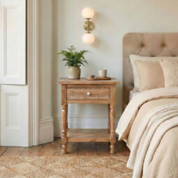 Lima 1 Drawer White Oak Wood Carved Bedside Table - thumbnail 1