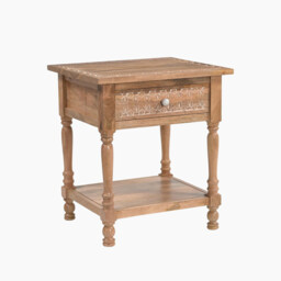 Lima 1 Drawer White Oak Wood Carved Bedside Table - thumbnail 2
