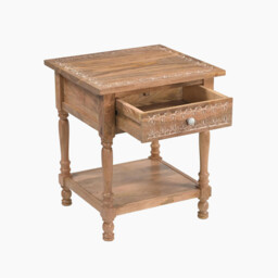 Lima 1 Drawer White Oak Wood Carved Bedside Table - thumbnail 4