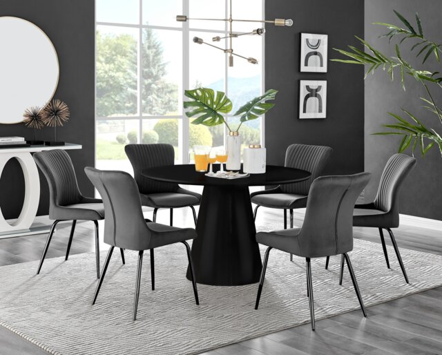 Palma Black Semi Gloss Round Dining Table & 6 Nora Black Leg Chairs - image 1