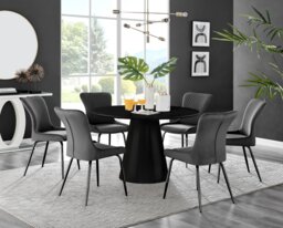 Palma Black Semi Gloss Round Dining Table & 6 Nora Black Leg Chairs - thumbnail 1