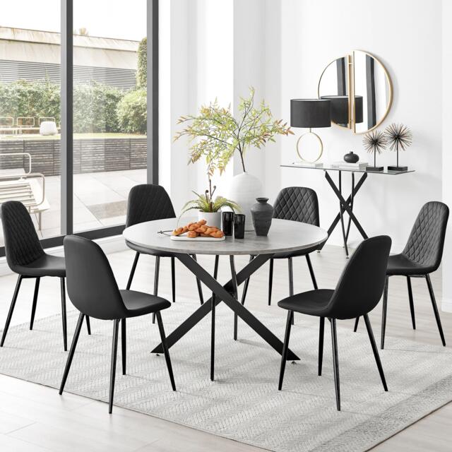 Novara Grey Concrete Effect Black Leg 120cm Round Dining Table & 6 Corona Black Leg Chairs - image 1