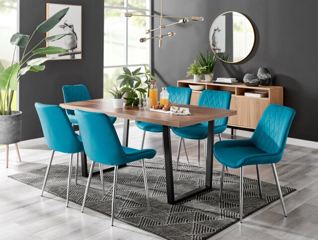 Kylo Brown Wood Effect Dining Table & 6 Pesaro Silver Chairs - image 1