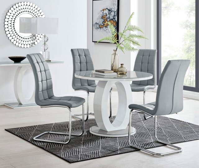 Giovani Grey White High Gloss And Glass 100cm Round Dining Table And 4 Murano Chairs Set - image 1