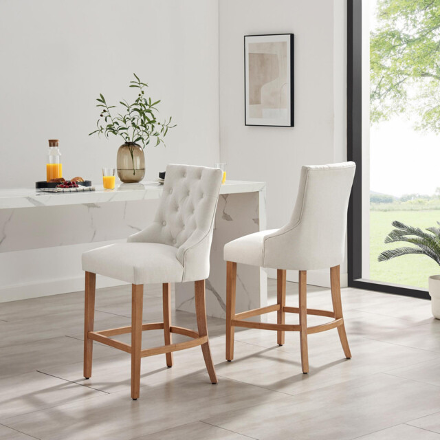 2x Belgravia Beige Fabric Bar Chairs Oak Effect Legs - image 1