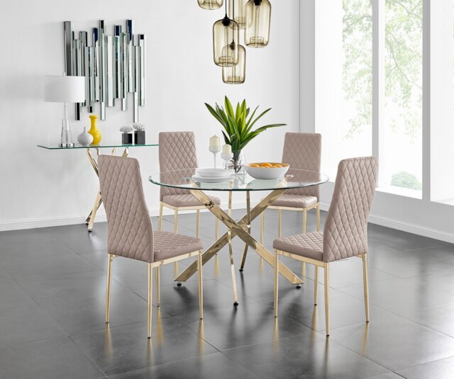 Novara 120cm Gold Round Dining Table and 4 Gold Leg Milan Chairs - image 1