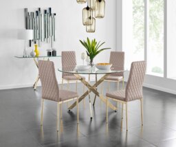 Novara 120cm Gold Round Dining Table and 4 Gold Leg Milan Chairs