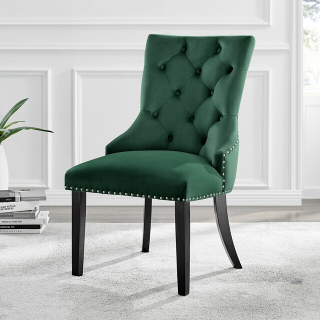 2x Belgravia Green Velvet Knockerback Dining Chairs Black Legs - image 1