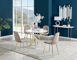 Novara White Gloss Gold Leg Round Dining Table & 4 Corona Gold Leg Chairs - thumbnail 2