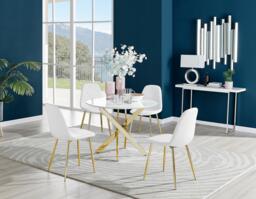 Novara White Gloss Gold Leg Round Dining Table & 4 Corona Gold Leg Chairs