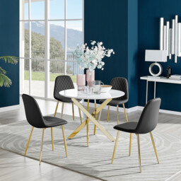 Novara White Gloss Gold Leg Round Dining Table & 4 Corona Gold Leg Chairs - thumbnail 4