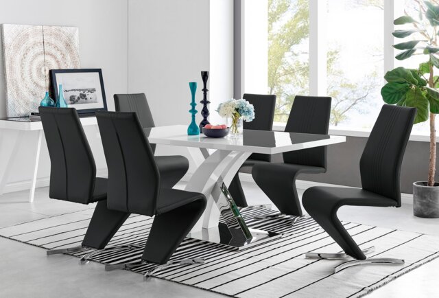 Atlanta Modern Rectangle Chrome Metal High Gloss White Dining Table And 6 Willow Chairs Set - image 1