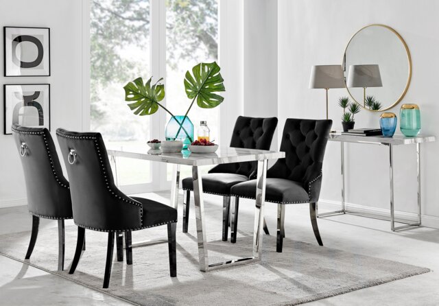 Kylo White Marble Effect Dining Table & 4 Belgravia Black Leg Chairs - image 1
