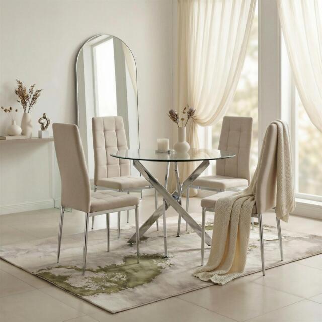 Novara Glass & Chrome Round Dining Table with 4 Cream Paloma Chairs - image 1