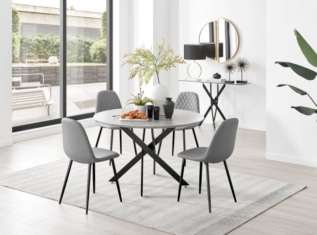 Novara Grey Concrete Effect Black Leg 120cm Round Dining Table & 4 Corona Black Leg Chairs - image 1