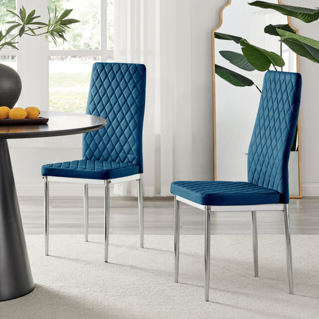 4x Milan Navy Hatched Velvet Dining Chairs Silver Legs - image 1