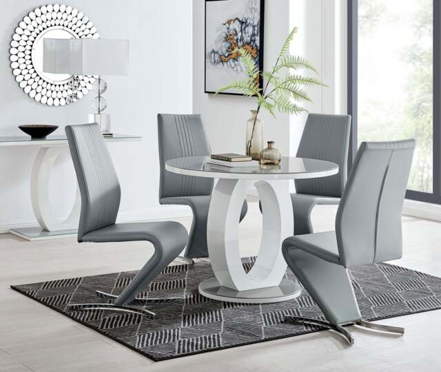 Furniturebox Giovani White High Gloss And Glass Round Dining Table And 4 Elephant Willow Chairs Set, Faux Leather/Metal/Tempered Glass in Grey - image 1