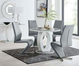 Furniturebox Giovani White High Gloss And Glass Round Dining Table And 4 Elephant Willow Chairs Set, Faux Leather/Metal/Tempered Glass in Grey