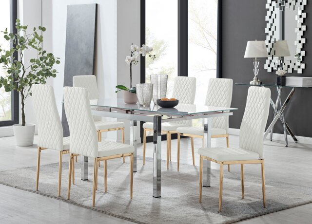 Enna White Glass Extending Dining Table and 6 Gold Leg Milan Chairs - image 1
