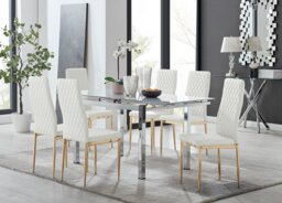 Enna White Glass Extending Dining Table and 6 Gold Leg Milan Chairs - thumbnail 1