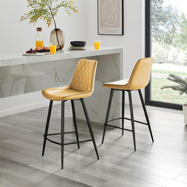 2x Pesaro Mustard Yellow Velvet Counter Stools Black Legs - image 1