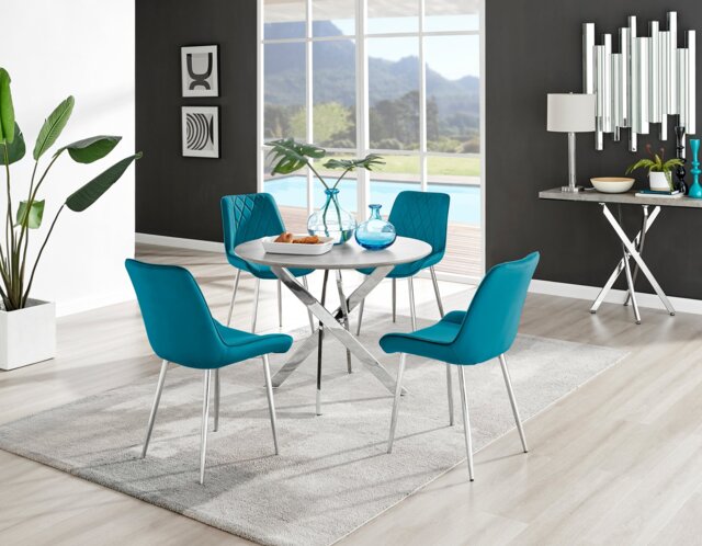 Novara Grey Concrete Effect Round Dining Table & 4 Pesaro Silver Leg Chairs - image 1