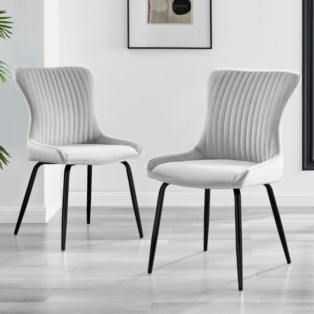2x Nora Light Grey Velvet Dining Chairs Black Legs - image 1