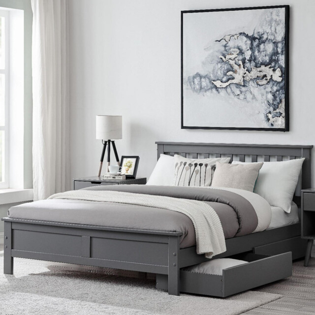 Azure Grey Solid Pine Double Bed Frame + 2 Drawers - image 1