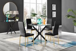 Novara Black Leg Round Glass Dining Table & 4 Velvet Milan Gold Leg Chairs