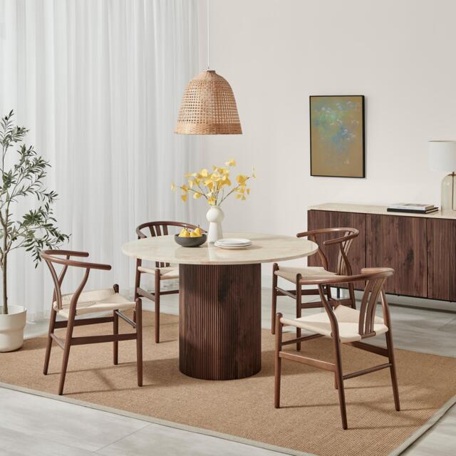 Penrose Walnut and Marble Effect Round Dining Table & 4 Walnut Caia Dining Chairs - image 1
